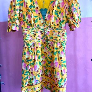 Farm Rio puffy sleeve yellow floral dress. Size small. Linen